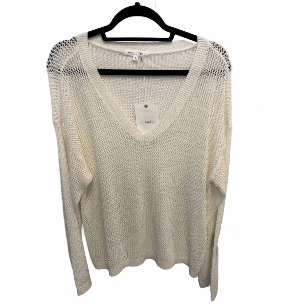 NEW MODODOC women's long sleeve v neck summer sweater in white